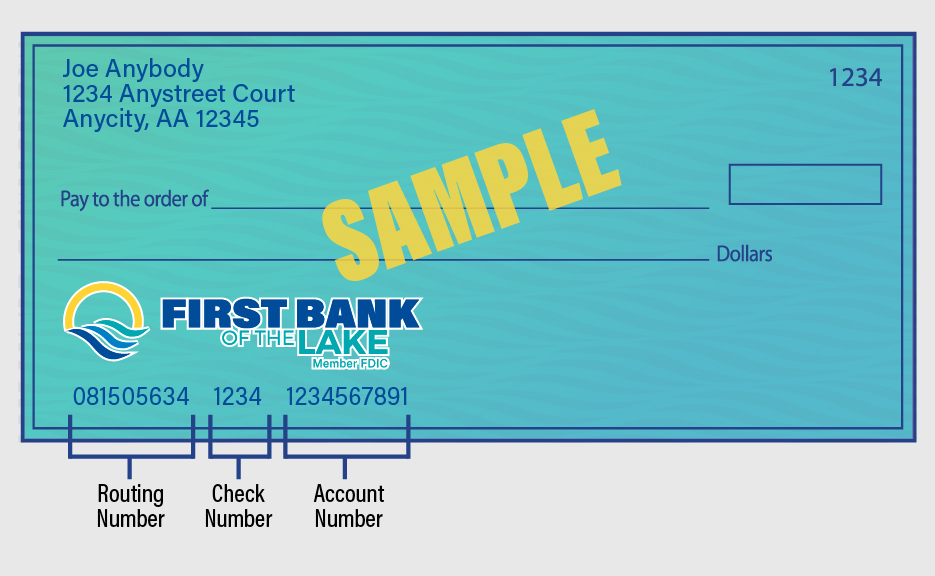 Graphic of a First Bank of the Lake check showing the bank's routing number.