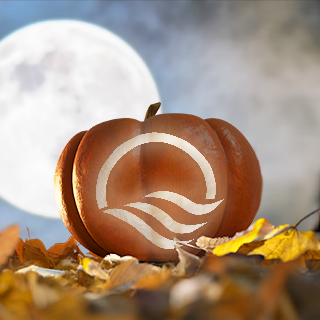 jack-o-lantern with the First Bank of the Lake logo carved into it