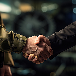 handshake between a man wearing a military camouflage and someone wearing a suit 