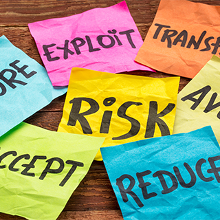 post-it notes with the words risk, ignore, accept, reduce and avoid written on them